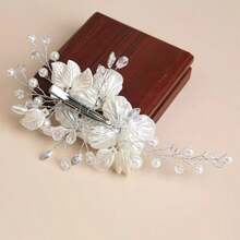 3pcs Bridal Wedding Flower Crystal Pearl Hair Clips, Rhinestone Inlaid Embossed White Flower Hair Accessories - White - View 8
