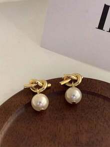 Knot & Faux Pearl Decor Drop Earrings - 黃金 - 查看 2
