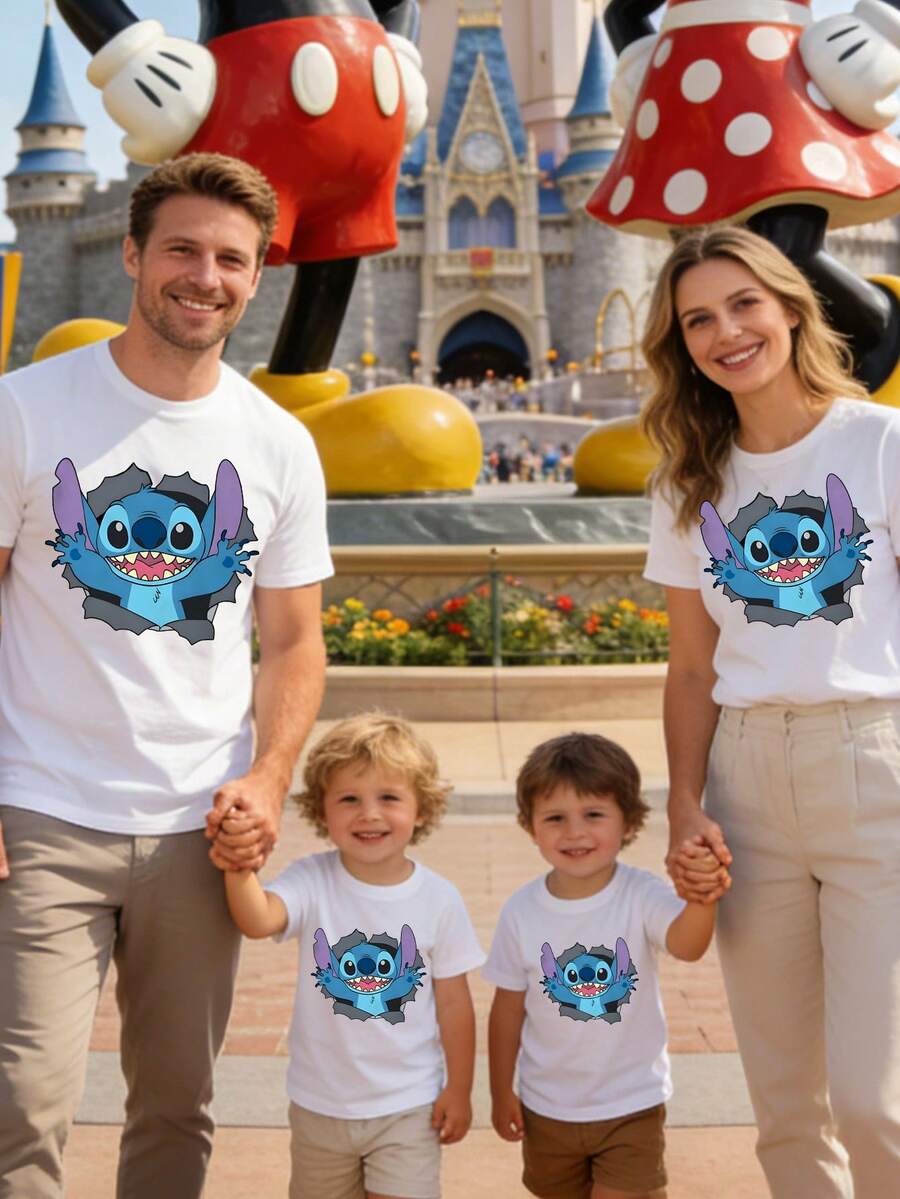 200 Grams Of Heavyweight Pure Cotton. Disney Stitch Wall-Breaking Double-Sided Printed.  Children's Clothing For A Family Of Four. Family Short-Sleeved T-Shirt. - 男孩白色 - 查看 1