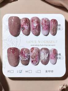 10片装光疗手工猫眼蝴蝶花皇后可穿戴美甲粉玫瑰假指甲按压式美甲 - 粉色 - 查看 3