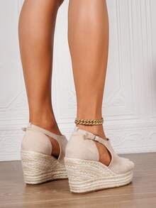 Women's Wedge & Platform Slip-On Espadrille Shoes, Black Round Toe Vacation Beach Woven Strap Sandals, Vacation Rope Sole Elastic Band Paired With Women's Shoes - Apricot - View 10