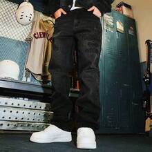 Quần jeans ống đứng dáng rộng thoải mái dành cho thanh thiếu niên, chất liệu denim đã qua xử lý, với họa tiết thêu nổi. - màu đen - Xem 4