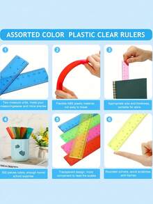 1/10pcs Transparent/Multi-Color Plastic Ruler, Various Colors, 6 Inches/15.24cm Long, Suitable For Students, School Supplies, Office And Home Use, With Inch And Centimeter Measurement Units - Rectangle - View 2