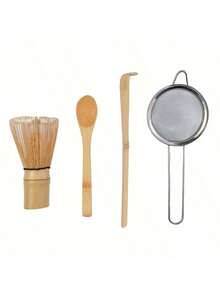 4件套竹制茶筅茶匙抹茶筅茶匙和茶勺茶漏泡茶工具 - 彩色 - 查看 2