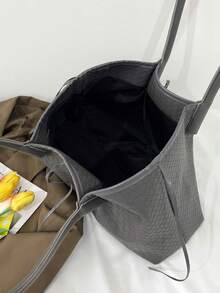 手工编织手提包，大容量，2026新款通勤单肩腋下包，母子包 - 灰色 - 查看 4