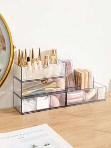 1 pieza Caja de almacenamiento con espejo, organizador de maquillaje con cajón, organizador colgante de tocador para baño, apto para escritorio, sala de estar, tocador de dormitorio, para guardar cosméticos, controles remotos, papelería, etc. - transparente - Ver 3