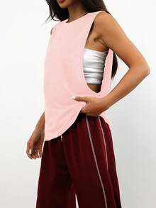 Top holgado y cómodo de unicolor sin mangas, adecuada para uso diario, correr, casual, fitness, primavera/verano - Rosa Pálido - Ver 5