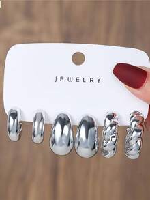 6-18pcs Stylish Water Drop & Twisted Geometric Textured Earrings, Suitable For Vacation - Silver - View 8
