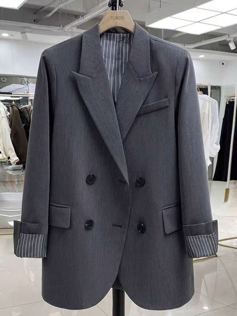 2026 Spring/Autumn New Grey Double-Breasted Blazer Jacket For Women, Niche Luxury Minimalist Loose Commuting Striped Lining Suit - Grey - View 1
