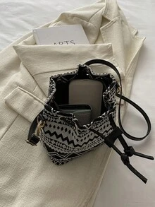 女士小号单肩包 波西米亚印花抽绳水桶包 斜挎包 长肩带 - 黑色 - 查看 4