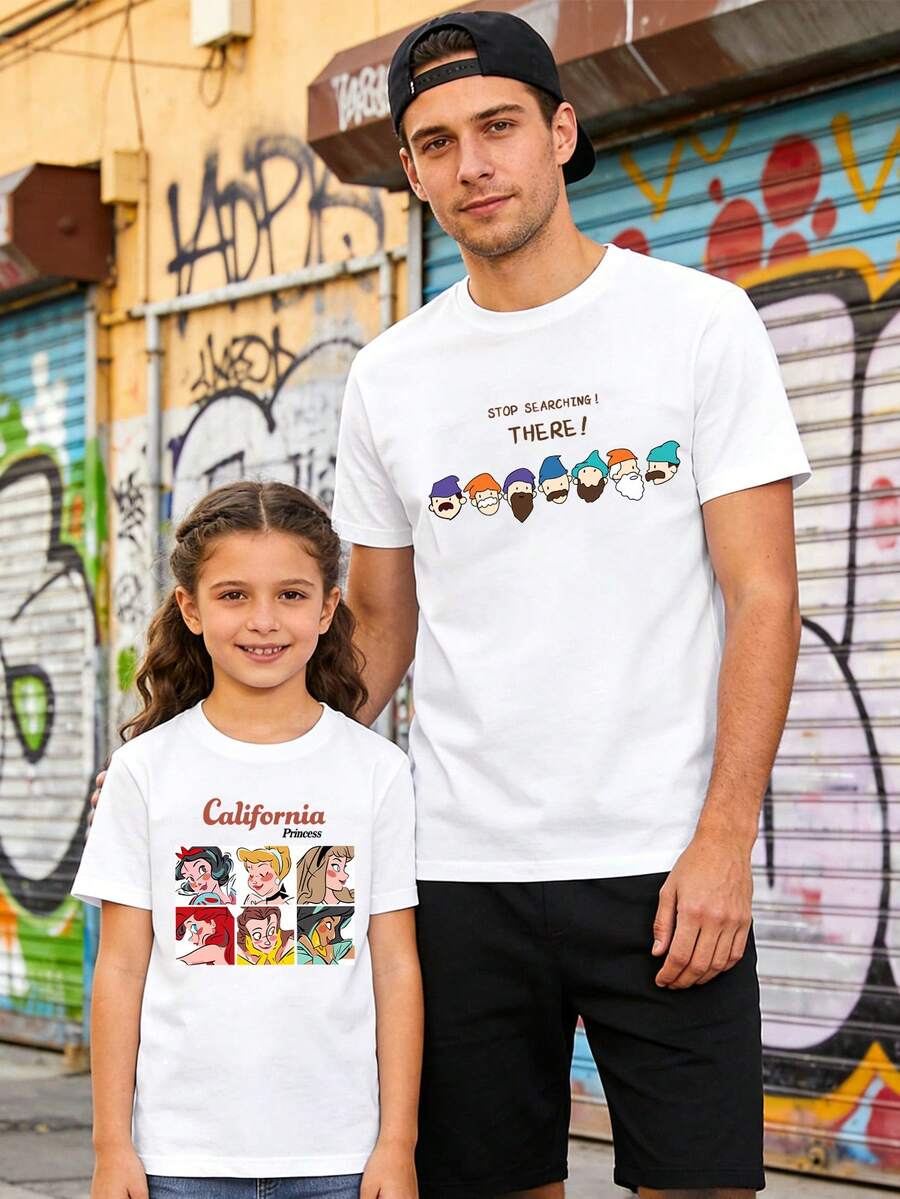 Disney Retro Style Kids T-Shirt | Princess And Seven Dwarfs Fun Print Short Sleeve - 女童白色 - 查看 1