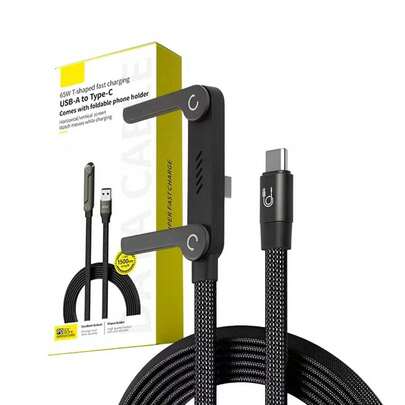 240W Braided USB-C To USB-C Fast Charge Cable With Built-In Foldable Phone Stand, 2026 New T-Shaped Durable Charging Cord (Black, 1 Pack)