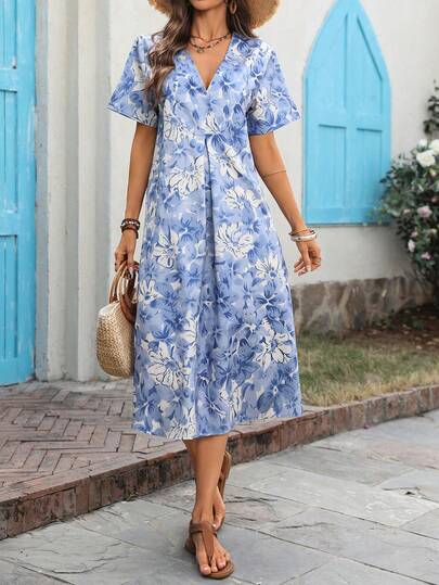 Women's Fashion Floral Print Pattern V-Neck Short Sleeve Midi Dress