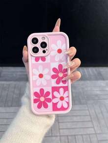 Flower 1pc New Creative Pink Sunflower Dual-Color Plaid Background Pattern Phone Case, Full Coverage Precise Cutout Soft Protective Cover For IPhone 17 Air/17 Pro Max/17/16 Plus/15/14/13/12/11/XS Max/XR/7/8 - Light Pink - View 3