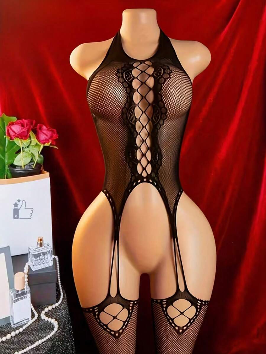 2026 Contrast Color Lace Hollow Out Camisole And Shorts Pajama Set - 黑色 - 查看 1