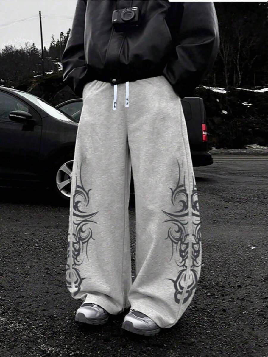 1 Peça Calça de Malha Solta de Perna Larga da Moda para Adolescentes Masculinos, Tecido Confortável, Múltiplas Cores Disponíveis, Adequado para Escola e Uso Diário, Todas as Estações, Estilo Unissex (Recomendado Escolher um Tamanho Maior) - Cinza - Visão 1