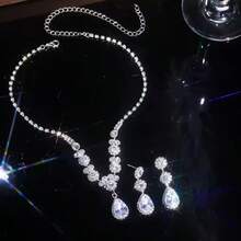 Silver Bridal Crystal Necklace, Earrings, Bracelet Set, Bride Wedding Jewelry Set, Rhinestone Pendant Necklace, Spherical Jewelry Set - Silver - View 5