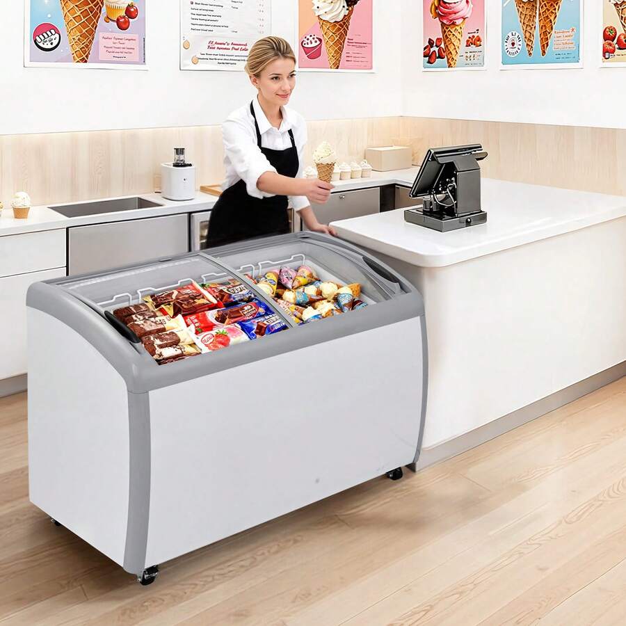 Commercial Ice Cream Display Case, 12.8 Cu.Ft Chest Freezer, -19 To 3℉ Temp Adjustable Mobile Top Deep Freezer With 4 Wire Baskets, 2 Sliding Glass Doors, Locking Casters & LED Strip Lighting - 12.8 Cu.ft Ice Cream Meal Stand - View 1