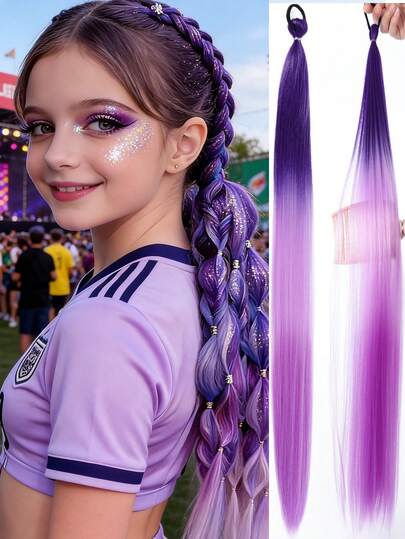 1pc 26 Inch Purple Braided Wig With Elastic Band, Women's Hair Extensions, Ombre Purple Braided Ponytail, Synthetic Material