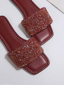French Luxury Fashion Plus Size Beach Resort Versatile Rhinestone Indoor Outdoor Non-Slip Fresh Mom Slippers - Burgundy - View 8