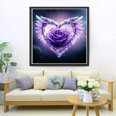 1 bức | Tranh đính đá 5D | Hoa hồng tím mộng mơ hình trái tim có cánh | Trang trí đính đá thủ công | Hoàn hảo cho tranh treo tường phòng khách và phòng ngủ | Lý tưởng làm quà tặng ngày lễ