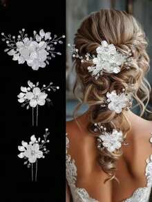 3pcs Bridal Wedding Flower Crystal Pearl Hair Clips, Rhinestone Inlaid Embossed White Flower Hair Accessories - White - View 10