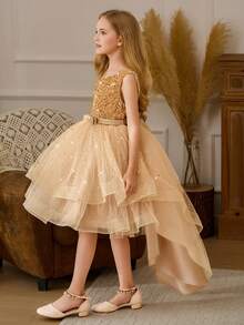 Tween Girl Christmas Elegant Sequin Trailing Tulle Princess Dress, Suitable For Birthday Party, Flower Girl, Wedding, Prom, Holiday Occasions - Champagne - View 3