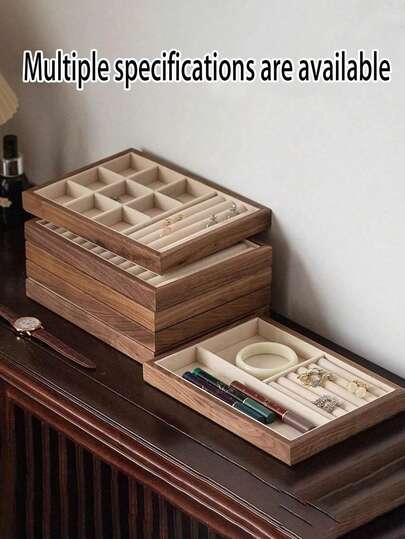1pc Walnut Jewelry Tray, Velvet Lined Jewelry Display Organizer Box, Large Capacity Jewelry Storage Box For Necklaces, Rings, Earrings, Bracelets, Makeup And Other Accessories, Gift For Women, Girls, Bridesmaids