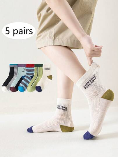 5 Pairs Colorful Striped & Letter Print Mesh Kids Socks, Versatile Breathable Comfortable Sports Mid-Calf Socks For Boys And Girls, Spring/Summer