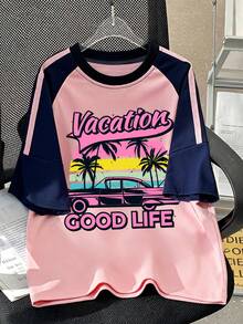 Summer New Fashion, Girl's Contrast Color Short Sleeve T-Shirt, Casual Funny Pattern Top, Suitable For School/Sports/Outdoor Activities - Pink - View 2
