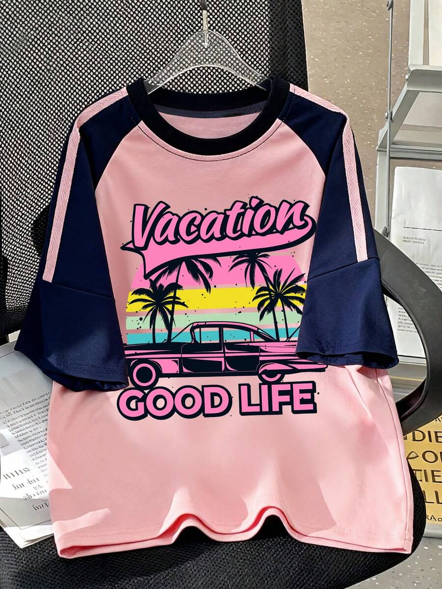 Summer New Fashion, Girl's Contrast Color Short Sleeve T-Shirt, Casual Funny Pattern Top, Suitable For School/Sports/Outdoor Activities - Pink - View 1