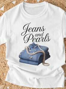 [Sporty T-Shirt]Women'S White Round Neck T-Shirt With Jeans & Pearl Print - Casual Short Sleeve A-Line Top, Versatile All-Season Shirt For Jeans & Pearl Outfits, Comfortable Casual Attire, Easy Care Round Neck Tee, Jeans & Pearl Graphic Design, Spring Summer Fall Wardrobe Essential, Casual To Semi-Formal Outfits, Geometric Pattern, Relaxed Fit, Machine Washable, Local Warehouse Stock, Stylish Casual Wear For Women, Streetwear Women, Women' Tshirt, Summer Clothes For WomenRelaxed Plus Size T-Shirt - 白色 - 查看 1