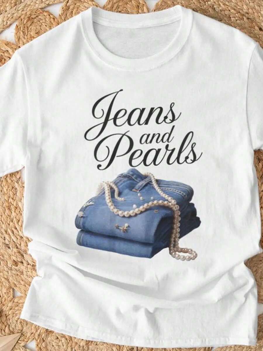 [Sporty T-Shirt]Women'S White Round Neck T-Shirt With Jeans & Pearl Print - Casual Short Sleeve A-Line Top, Versatile All-Season Shirt For Jeans & Pearl Outfits, Comfortable Casual Attire, Easy Care Round Neck Tee, Jeans & Pearl Graphic Design, Spring Summer Fall Wardrobe Essential, Casual To Semi-Formal Outfits, Geometric Pattern, Relaxed Fit, Machine Washable, Local Warehouse Stock, Stylish Casual Wear For Women, Streetwear Women, Women' Tshirt, Summer Clothes For WomenRelaxed Plus Size T-Shirt - 白色 - 查看 1