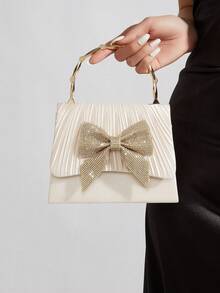 优雅褶皱缎面手拿包，饰以水钻蝴蝶结和金色手柄——婚礼和派对的完美之选 - 杏色 - 查看 1
