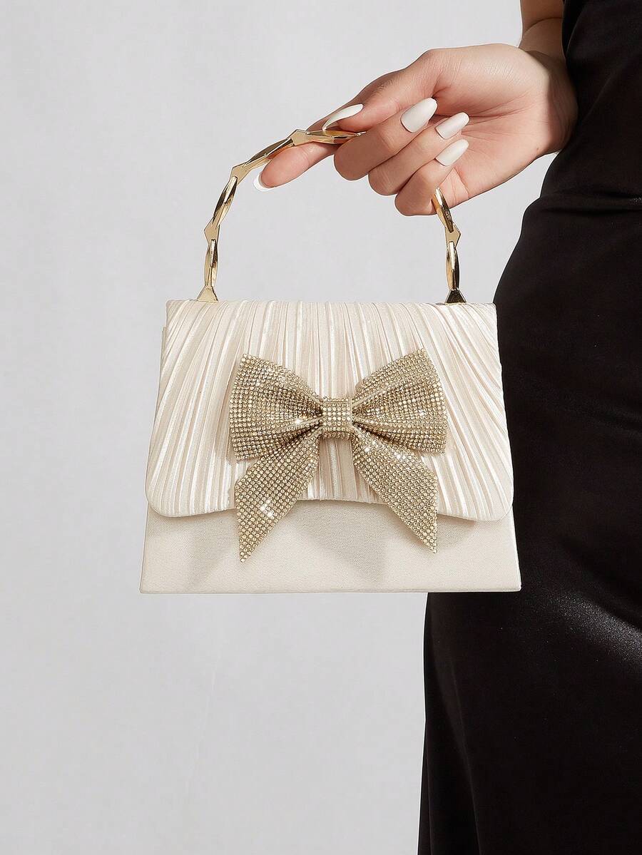 优雅褶皱缎面手拿包，饰以水钻蝴蝶结和金色手柄——婚礼和派对的完美之选 - 杏色 - 查看 1