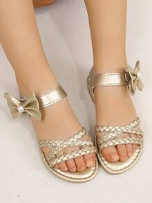 2026 New Arrival Summer Gold Woven Criss-Cross Pearl Bow Sandals - Gold - View 5