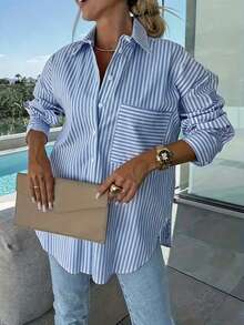 大码女式蝙蝠袖条纹衬衫，休闲宽松版型，适合春夏穿着，工作和日常穿着皆宜。 - 藍色 - 查看 3