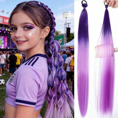 1顶26英寸紫色编织假发，带松紧带，女士接发，渐变紫色编织马尾辫，合成材料