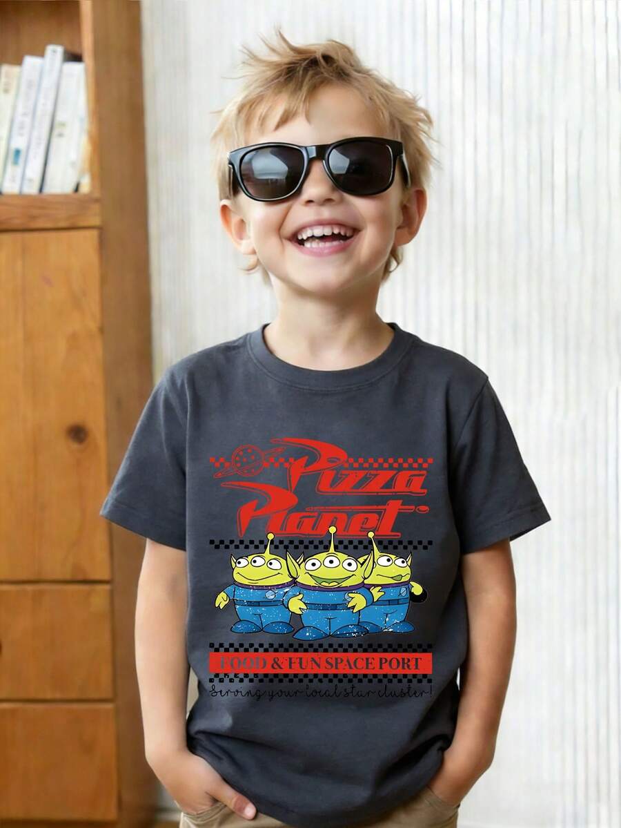 This Disney Toy Story Pizza Planet Alien-Themed Summer T-Shirt Is Perfect For Boys And Girls To Wear To Holiday Parties, Family Gatherings, Outdoor Activities, And Trips, And Makes A Great Gift For Children Visiting Disneyland. - Grey - View 1