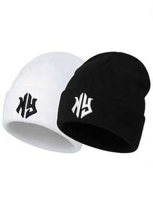 1 件男士几何图案和字母休闲亚克力刺绣针织帽，适合节日和所有季节的秋季装 - 彩色 - 查看 14