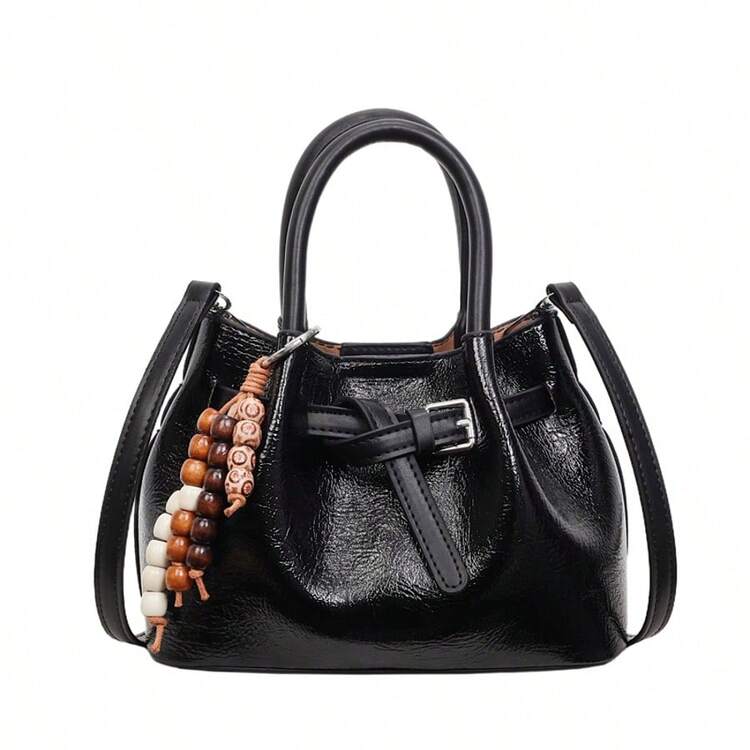 复古串珠抽绳水桶包亮面皮革手提包斜挎包小众设计迷你女包。 - 黑色 - 查看 7