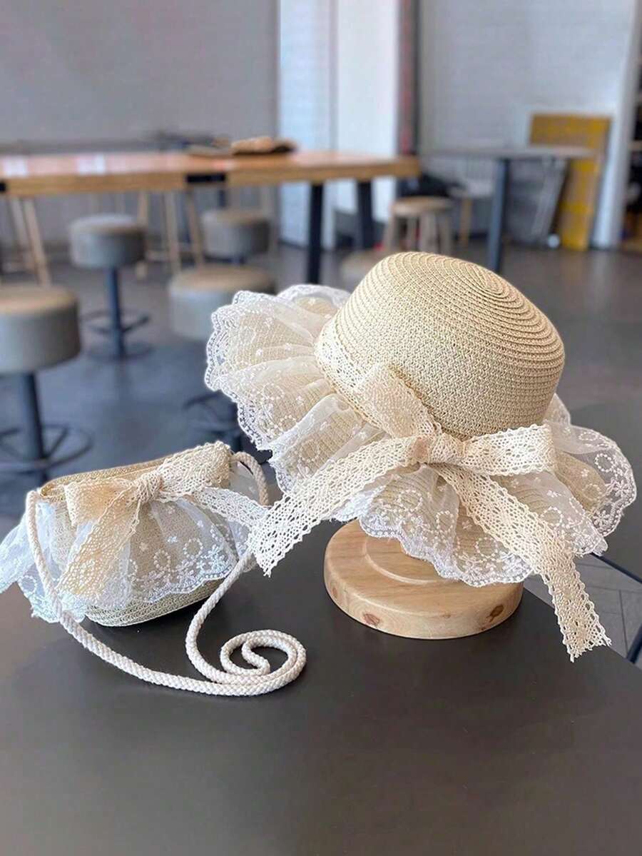 一套女士沙滩帽，带蕾丝边饰和配套收纳袋，适合家庭旅行 - 1PC - 查看 1