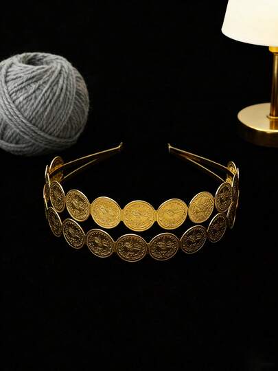 1pc Fashionable Luxury Women's Headband, Multi-Layer Coin Shaped Carved Ottoman Pattern, Suitable For Wedding, Party, Holiday Jewelry Hair Accessory