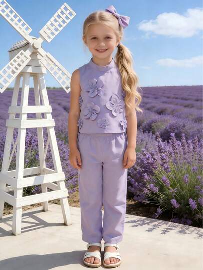 Conjunto de top sin mangas y pantalones de pierna ancha para niña, estilo dulce y suave con top decorado con flores 3D y pantalones de pierna ancha minimalistas, adecuado para uso diario, vacaciones y uso casual en casa
