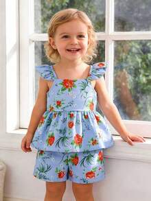 女婴夏季两件套，蓝色玫瑰印花吊带背心+配套荷叶边短裤，可爱清新 - 藍色 - 查看 2