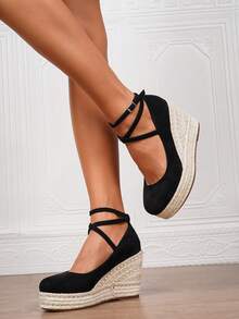 女士坡跟厚底一脚蹬草编鞋，黑色圆头度假沙滩编织带凉鞋，度假绳底松紧带搭配女鞋 - 黑色 - 查看 8