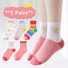 5 Pairs 2026 Spring/Summer New Kids' Mesh Socks, Girls' Breathable Heart & Rainbow Mid-Calf Socks, Middle School Students' Sports & Campus Versatile Socks, Summer Little Girls' Heart & Rainbow Stripe Thin Breathable Socks, Back To School Essential - Multicolor - View 2