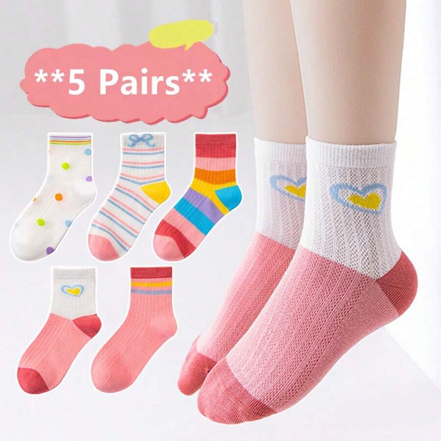 5 Pairs 2026 Spring/Summer New Kids' Mesh Socks, Girls' Breathable Heart & Rainbow Mid-Calf Socks, Middle School Students' Sports & Campus Versatile Socks, Summer Little Girls' Heart & Rainbow Stripe Thin Breathable Socks, Back To School Essential