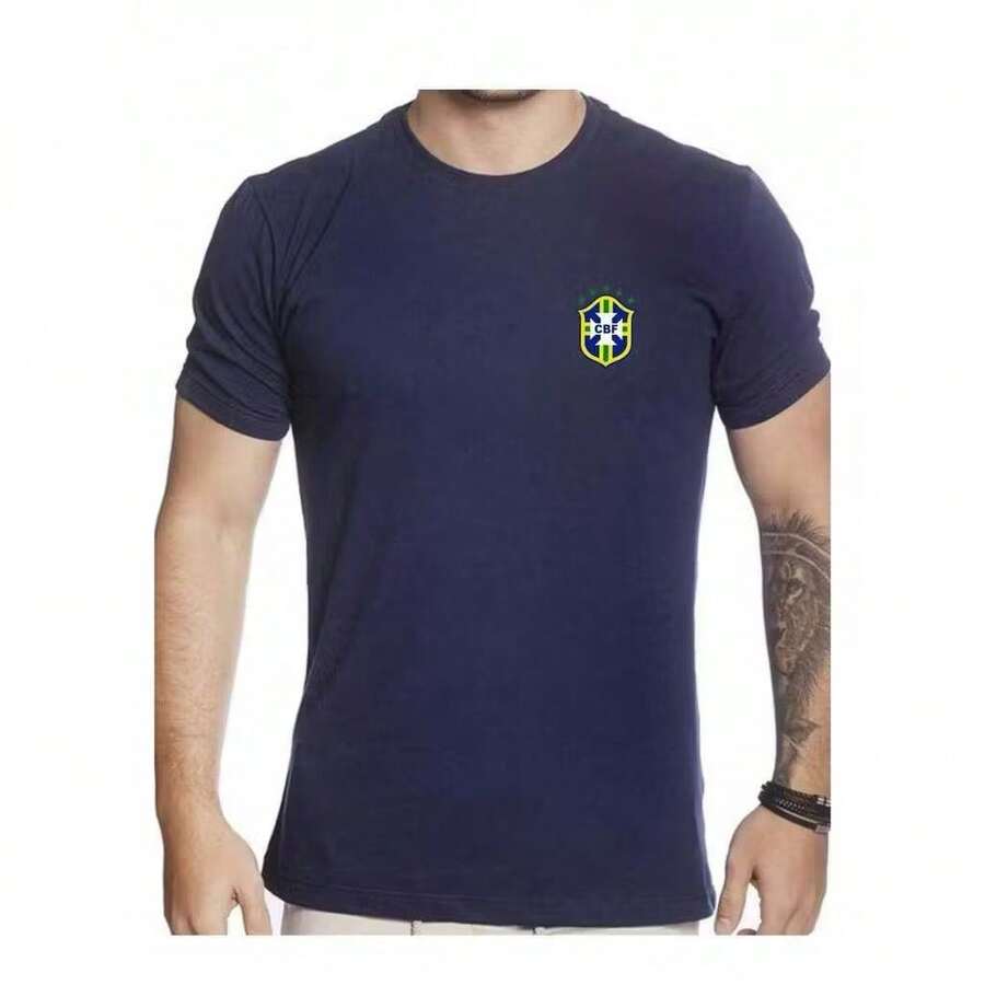 Men's Cotton T-Shirt With Brazil Symbol - Navy Blue - View 1