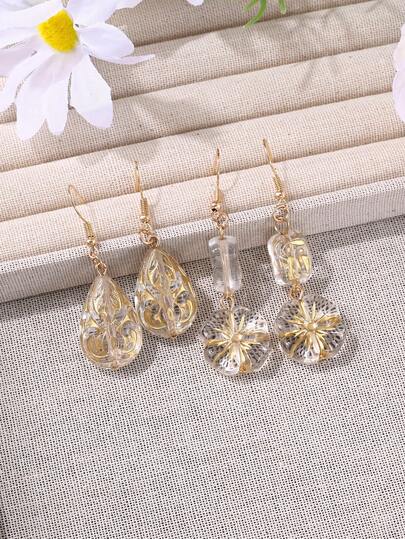  4pcs Vintage Baroque Gilded Floral Teardrop Pendant Earrings, Elegant Everyday Jewelry For Women, Suitable For All Seasons